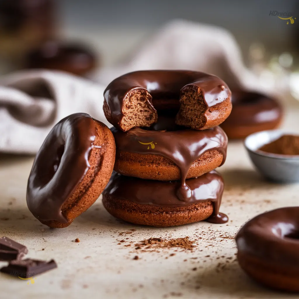 serving-homemade-chocolate-yeast-donuts Homemade chocolate yeast donuts served on a white plate with one bitten donut showing airy interior, on beige countertop beside a coffee mug under natural daylight.