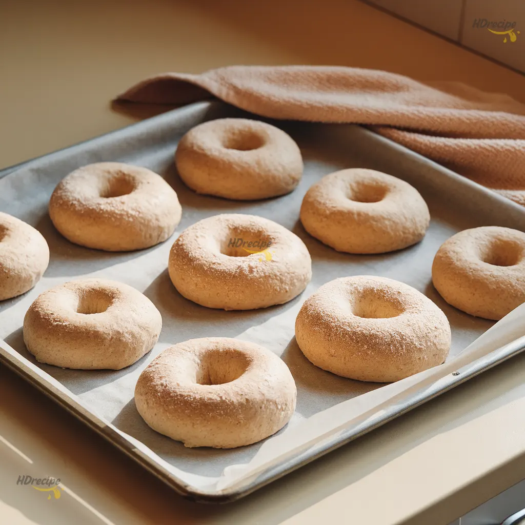shaped-bagels-resting-before-boil Shaped gluten free bagels resting on baking sheet before boiling.