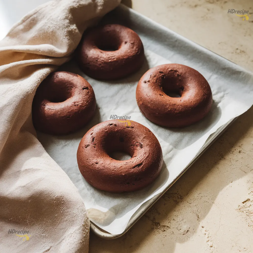 shaped-chocolate-bagels-before-boiling Parchment-lined baking sheet with shaped chocolate bagels ready for boiling.