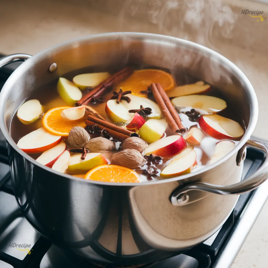 simmering-apples-and-spices Apples, cinnamon sticks, cloves, and orange slices simmering in a pot of water to make spiced apple cider.