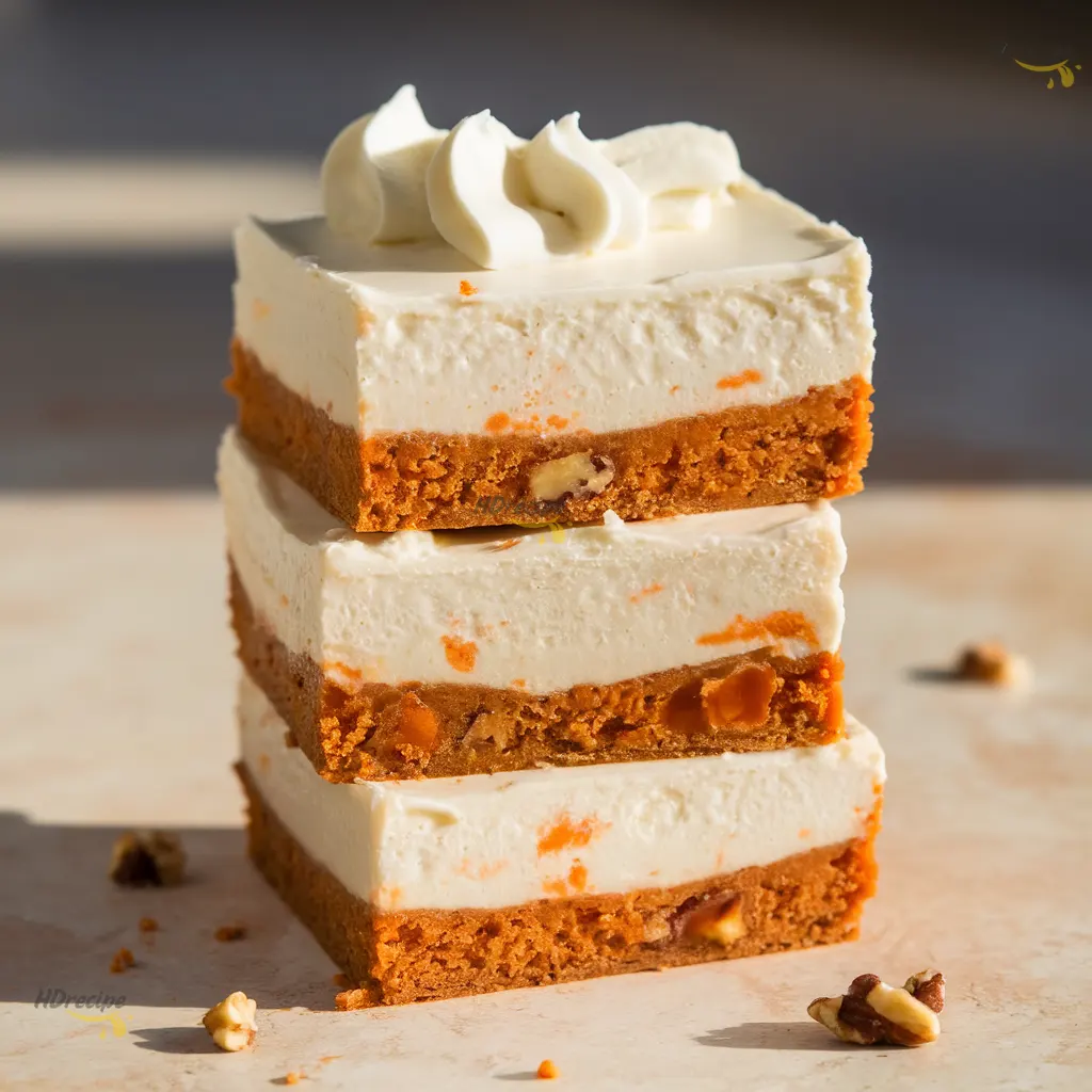 sliced-gluten-free-carrot-cake-cheesecake-bars-on-plate Sliced carrot cake cheesecake bars ready to serve.