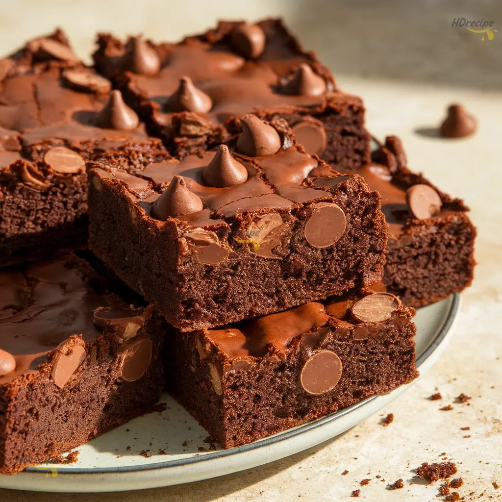 sliced-zucchini-brownies Plate of sliced gluten-free zucchini brownies with one broken open to reveal a fudgy chocolate center.