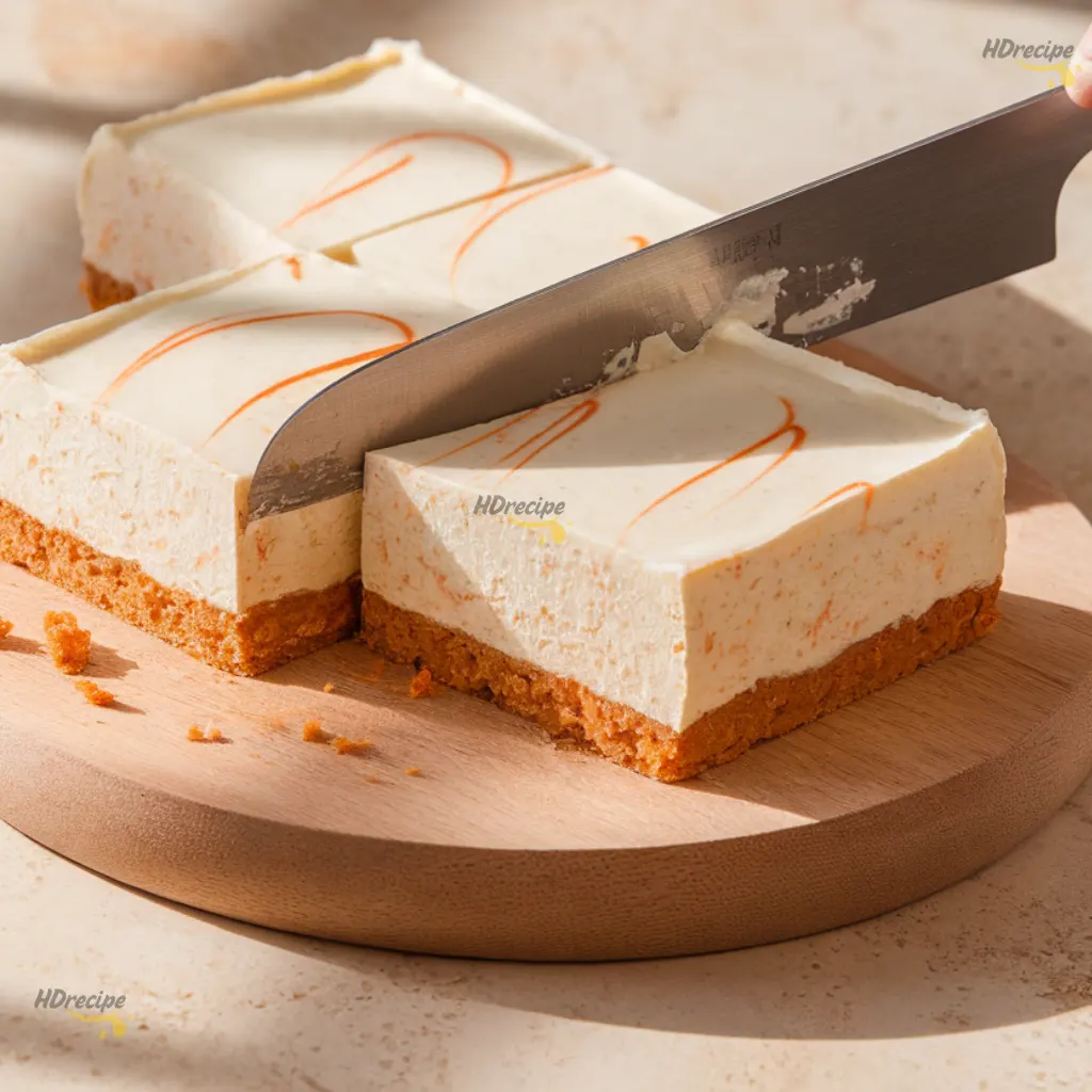 slicing-carrot-cake-cheesecake-bar Close-up of carrot cake cheesecake bars being sliced on a wooden cutting board, showing clean creamy layers and golden carrot cake base on a beige countertop.