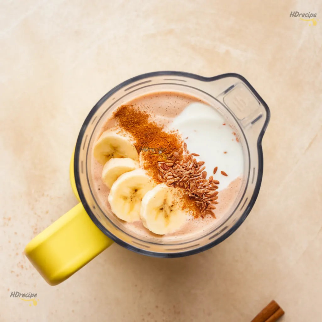 smoothie-ingredients-in-blender Top-down view of smoothie ingredients in a blender before blending, with sweet potato, banana, pear, yogurt, and cinnamon visible.