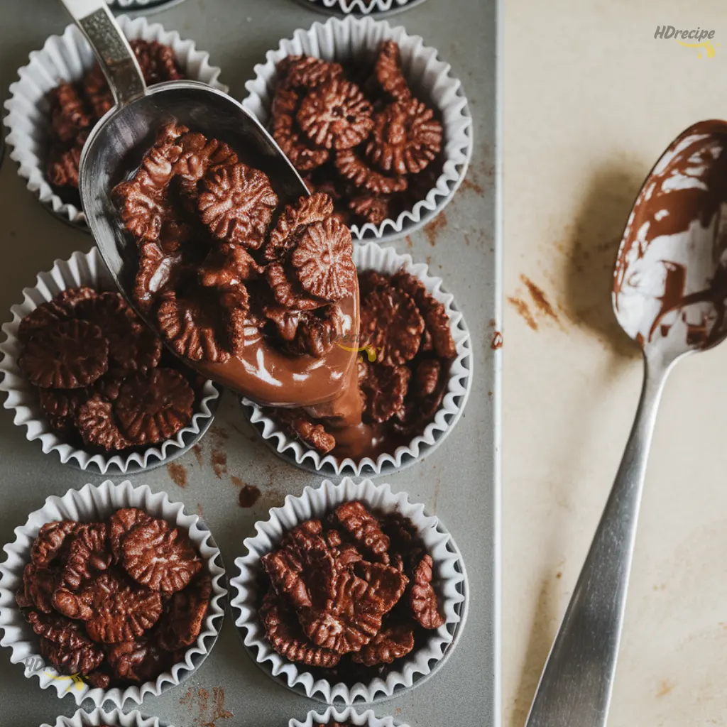 spooning-vegan-chocolate-cornflake-mix-into-cases Spoon scooping glossy chocolate cornflake mixture into white paper muffin cases.