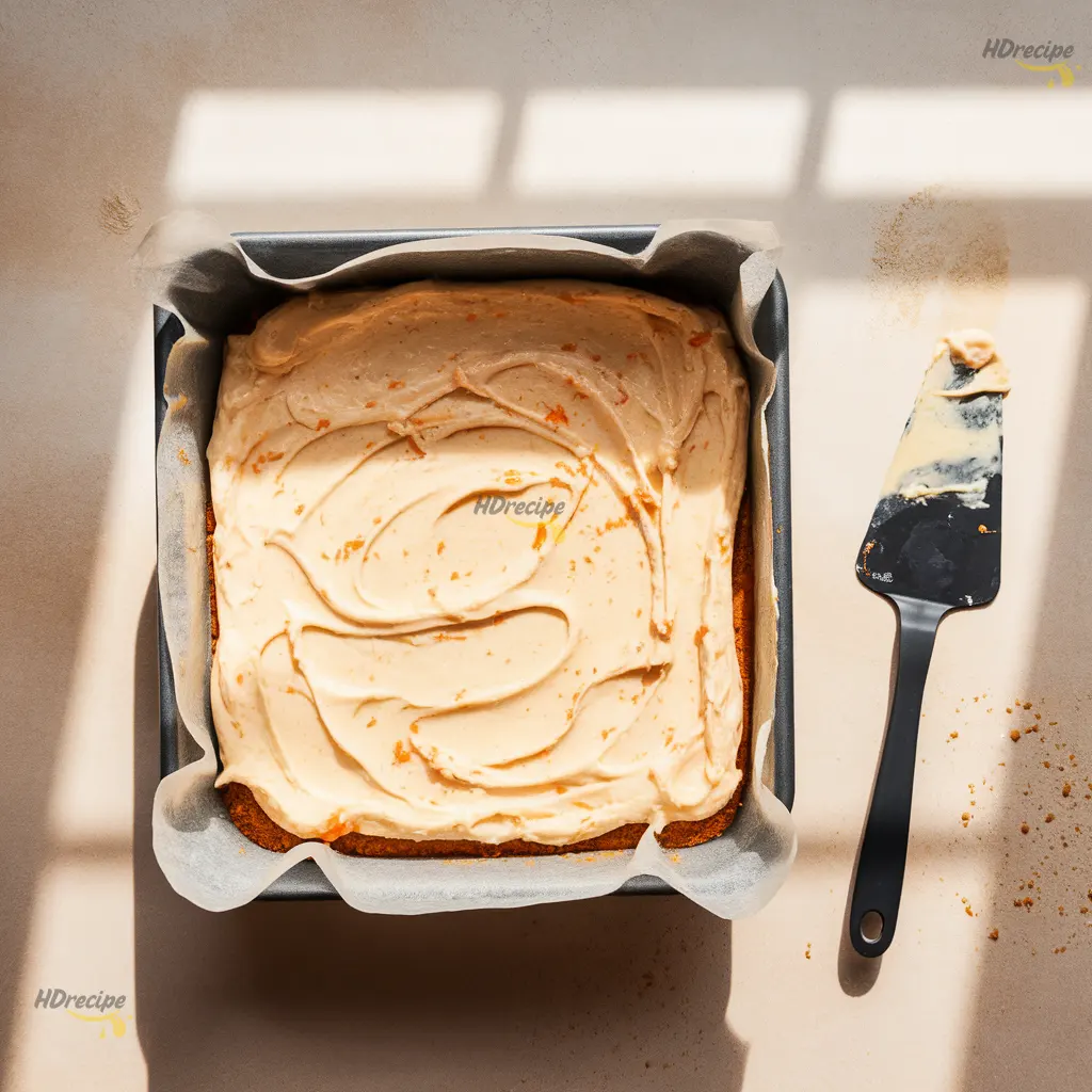 spreading-cheesecake-mixture-in-pan Top-down view of creamy carrot-spiced cheesecake mixture with orange carrot flecks spread over a golden crust in a parchment-lined pan on a beige countertop.