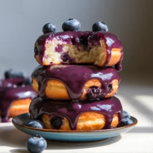 Close-up stack of blueberry donuts with glossy dark purple glaze dripping down, one donut cut open to show blueberry specks inside.