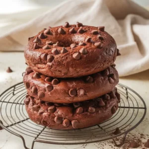 Stacked tower of glossy double chocolate chip bagels on a cooling rack with melted chocolate chips and cocoa dusting.
