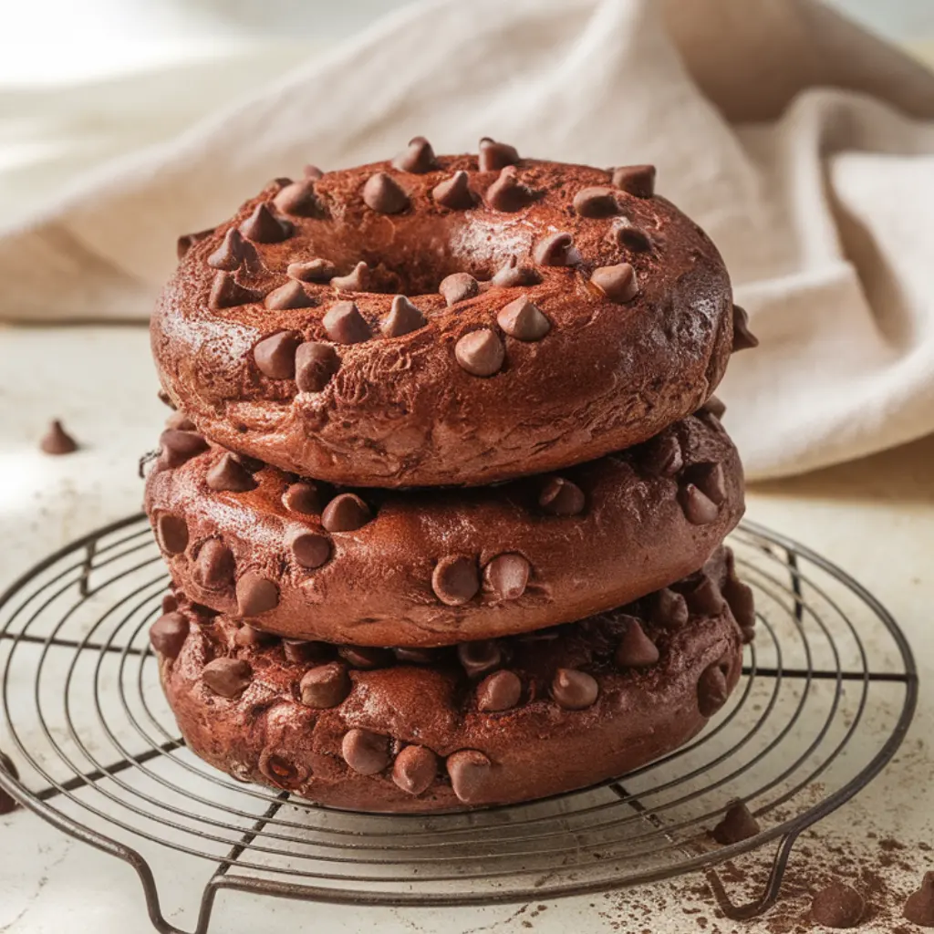 Stacked tower of glossy double chocolate chip bagels on a cooling rack with melted chocolate chips and cocoa dusting.