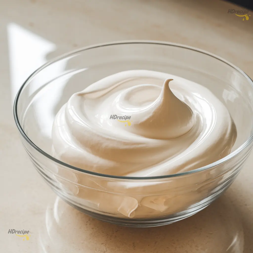 stiff-peak meringue Close-up of glossy stiff-peak meringue in a glass bowl for Japanese souffle pancakes.