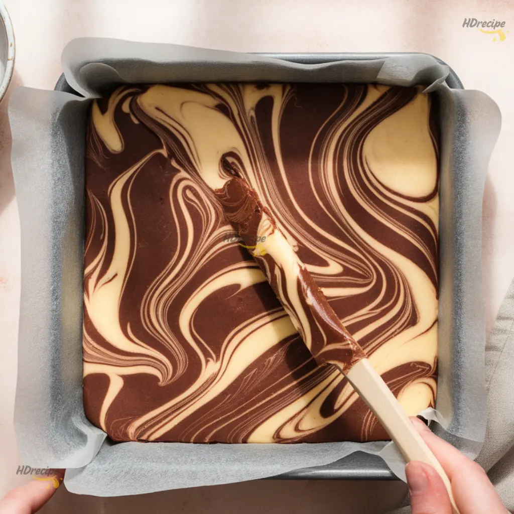 swirling-brownie-cheesecake-batter Swirling cheesecake and brownie batters in parchment pan.