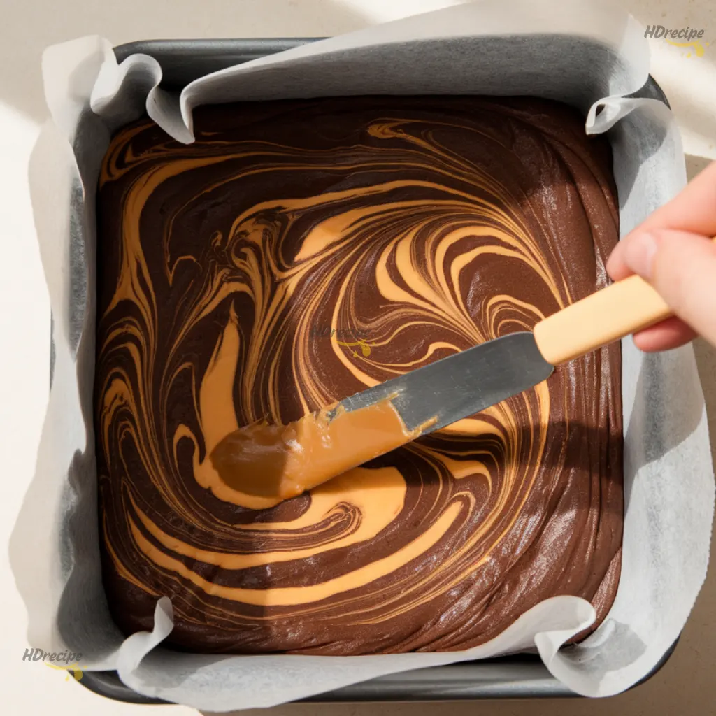 swirling-caramel-into-brownie-batter Caramel being swirled through dark brownie batter in a square pan