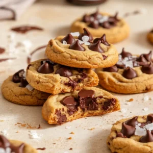 Close-up of gooey tahini chocolate chip cookies on a beige counter with melted dark chocolate, sesame seeds, and flaky salt for a warm, natural look.
