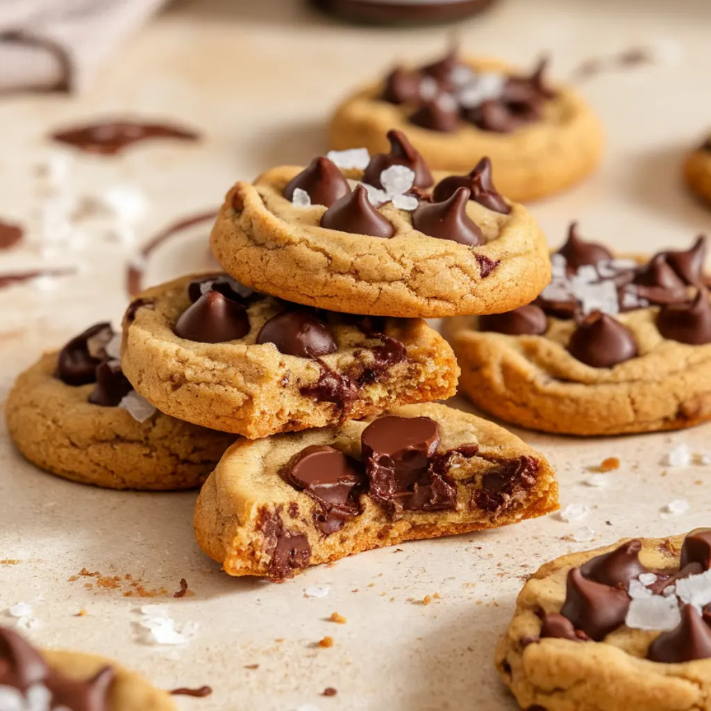 Close-up of gooey tahini chocolate chip cookies on a beige counter with melted dark chocolate, sesame seeds, and flaky salt for a warm, natural look.