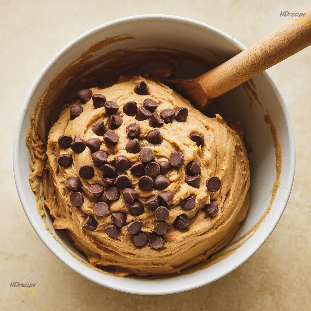 tahini-cookie-dough-with-chocolate-chips Thick tahini cookie dough with visible dark chocolate chips in a mixing bowl on a beige counter under natural bright light.