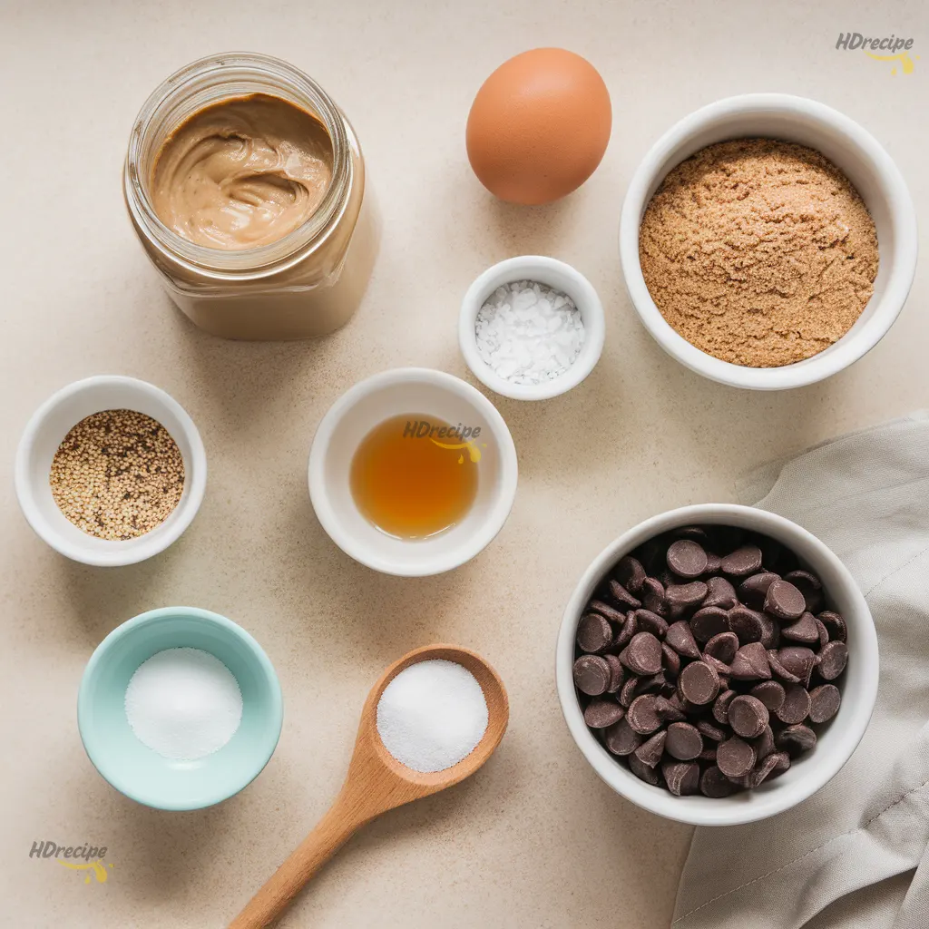tahini-cookie-ingredients-flatlay Flat lay of tahini cookie ingredients on a beige counter — tahini jar, brown sugar, egg, vanilla, chocolate chips, and baking soda in small bowls under natural daylight.