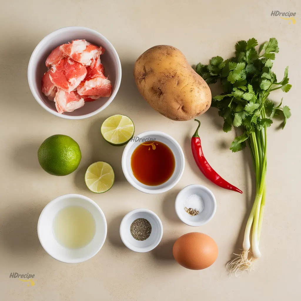 thai-crab-cake-ingredients-flatlay Flat lay of ingredients for Thai crab cakes — lump crab meat, potato chunks, lime, cilantro, garlic, Thai chili, fish sauce, and green onions on a light beige counter.