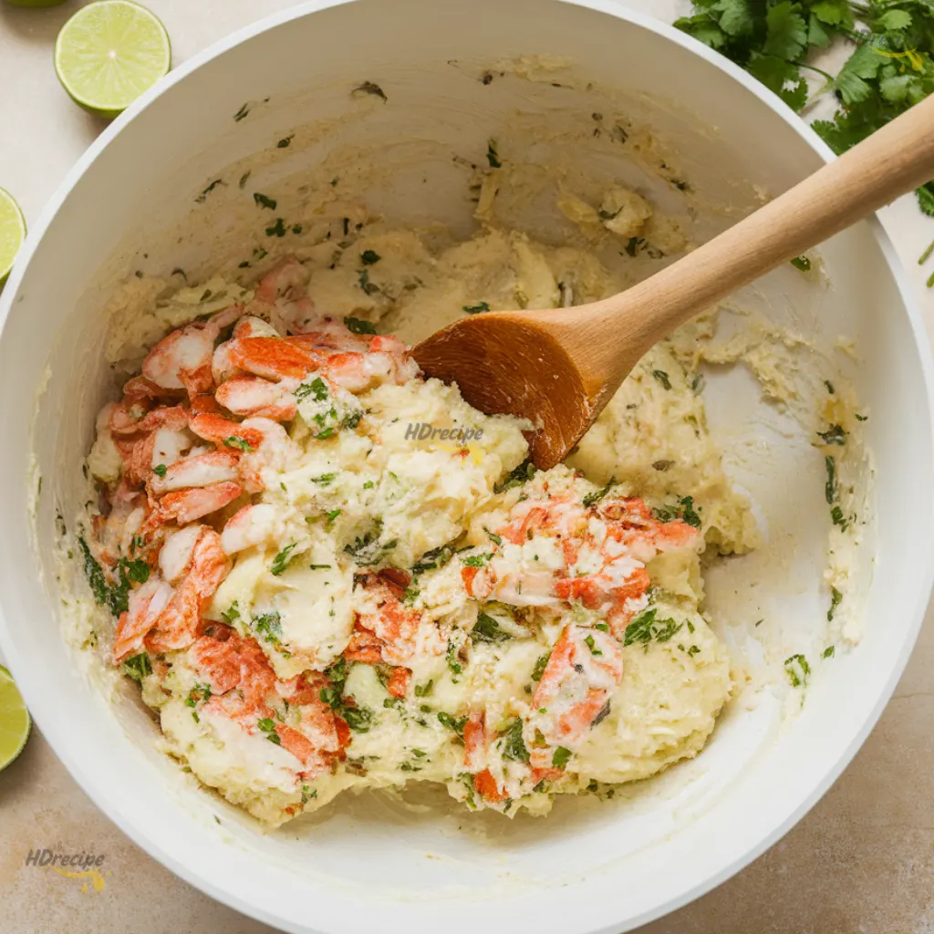 thai-crab-cake-mix-bowl Crab meat, mashed potato, herbs, and spices being gently mixed in a large bowl.