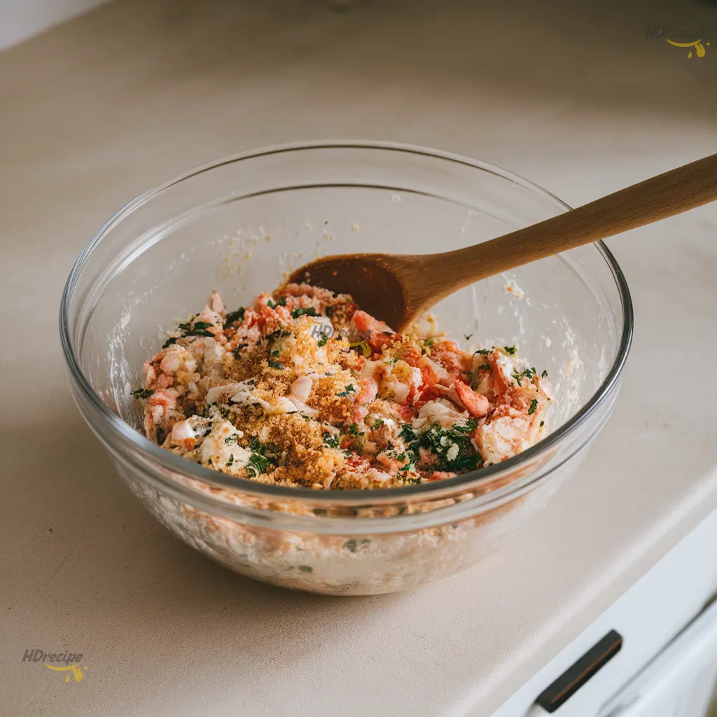 thai-crab-cake-mixture-bowl Crab cake mixture with crab meat, herbs, and breadcrumbs in a glass bowl on a beige counter — fresh, textured, and ready to form.