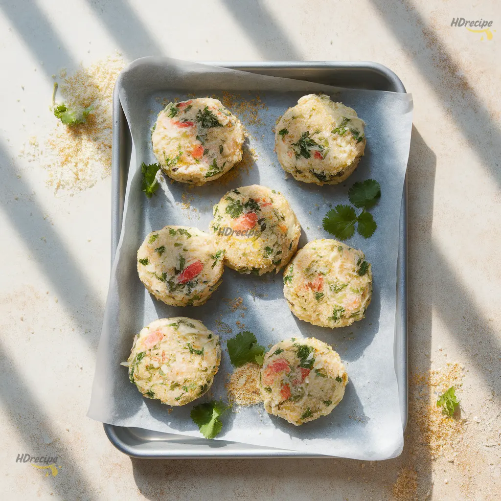 thai-crab-cake-patties-tray Formed Thai crab cake patties on a parchment-lined tray over a beige counter — rustic, speckled with herbs, ready to fry.