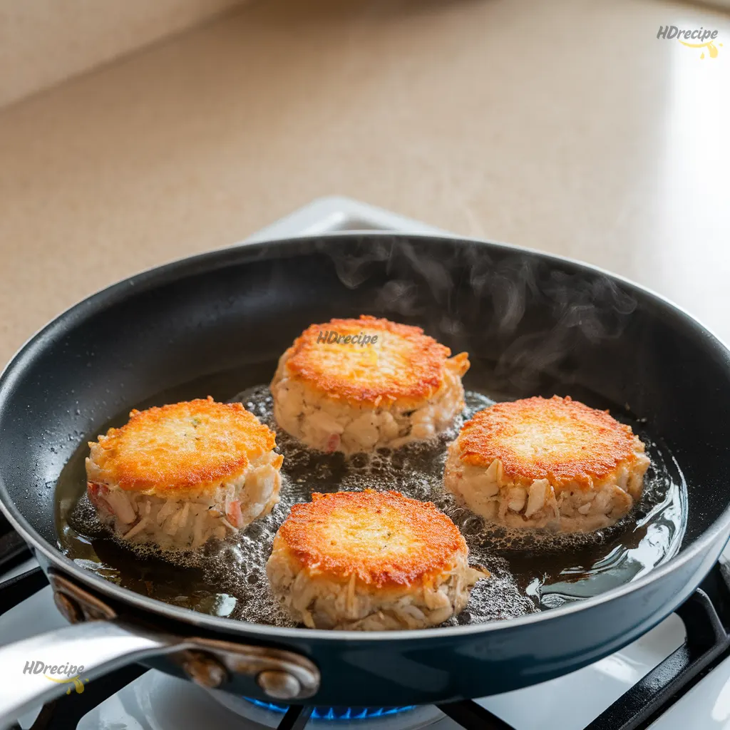thai-crab-cakes-frying-pan Thai crab cakes sizzling in a pan — golden crust forming, steam rising, with a beige counter background and daylight glow.