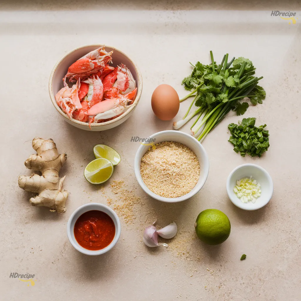 thai-crab-cakes-ingredients-flatlay Flat lay of Thai crab cake ingredients — fresh crab meat, scallions, breadcrumbs, egg, lime, cilantro, and Thai chili sauce on a light beige counter.