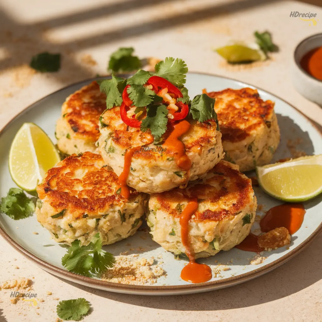 Plate of golden Thai crab cakes with lime wedges, cilantro, and a bowl of sweet chili sauce on a beige counter — crisp and vibrant.