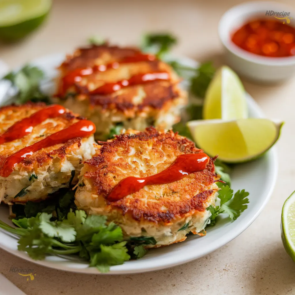 thai-crab-cakes-served-with-sweet-chili-sauce Thai crab cakes sizzling in a skillet over medium heat, golden crust