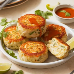 Stack of golden Thai crab cakes with potato drizzled with sweet chili sauce and topped with cilantro on a light beige counter — crispy, creamy, and fresh.