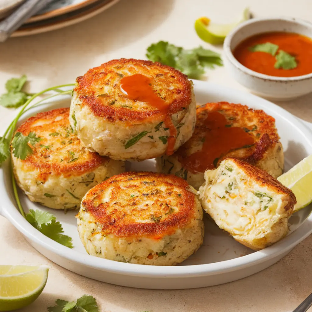 Stack of golden Thai crab cakes with potato drizzled with sweet chili sauce and topped with cilantro on a light beige counter — crispy, creamy, and fresh.