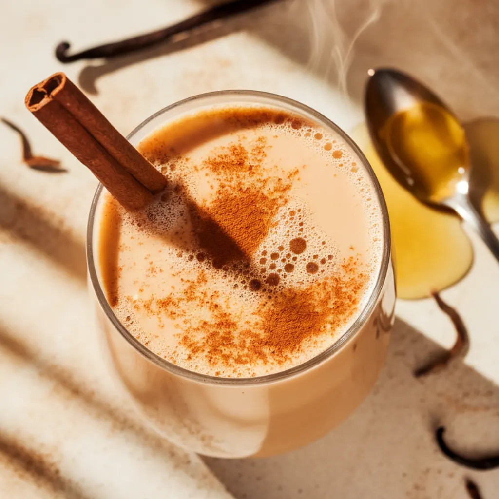 Creamy frothy vanilla cinnamon milk tea with cinnamon stick and honey.