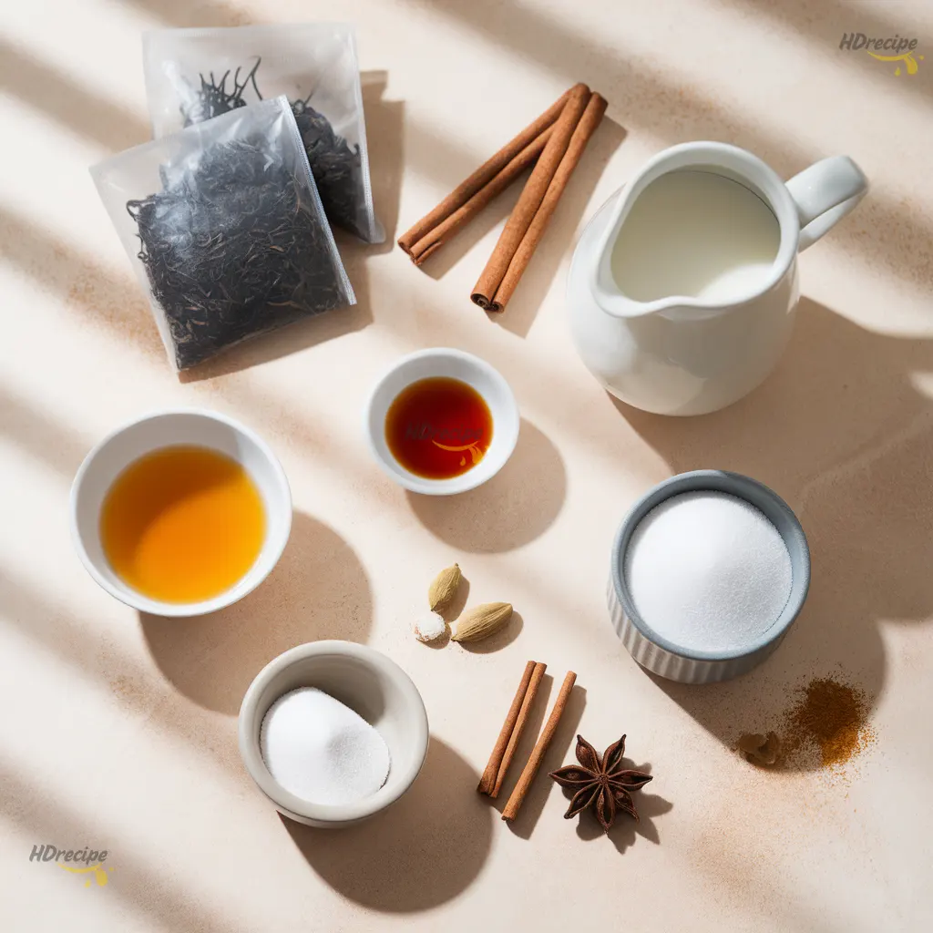 vanilla-cinnamon-milk-tea-ingredients Black tea, milk, vanilla, cinnamon, and honey ingredients for vanilla cinnamon milk tea