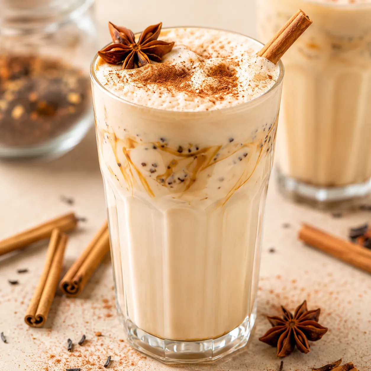 Creamy frothy vanilla cinnamon milk tea with honey and cinnamon stick, cozy homemade drink, warm sweet beverage, and café-style tea latte