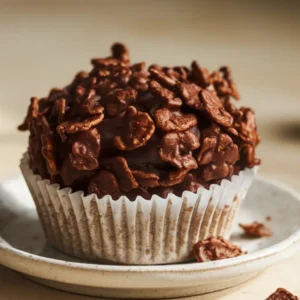 Close-up of vegan chocolate cornflake cakes in white paper cases on a light beige countertop, coated in glossy melted dark chocolate with visible crisp cornflake texture.