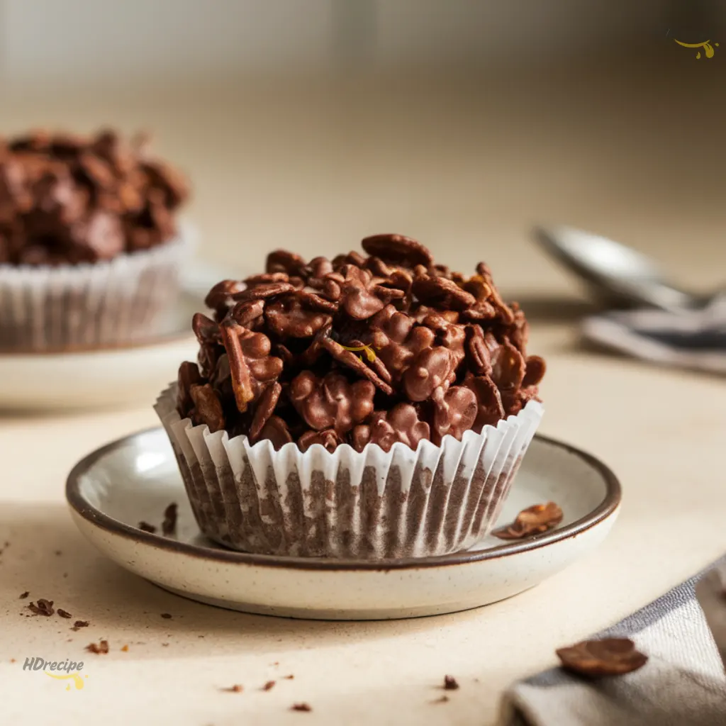 vegan-chocolate-cornflake-cakes-topdown Top-down view of finished vegan chocolate cornflake cakes in white paper cases.