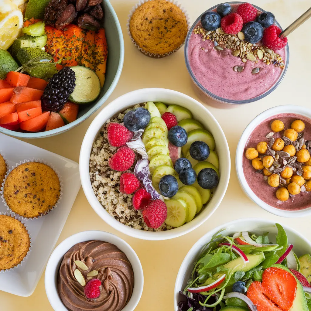 Colorful vegan and gluten-free recipes featuring Buddha bowls, smoothie bowls, plant-based curry, dairy-free desserts, and fresh salads with whole food ingredients.