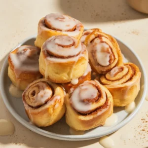 Overhead shot of golden-brown cinnamon roll bites with melting cream cheese glaze on a beige counter, cozy warm light and visible cinnamon dust — fresh and irresistible.