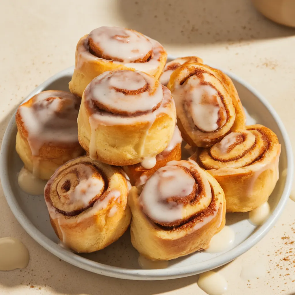 Overhead shot of golden-brown cinnamon roll bites with melting cream cheese glaze on a beige counter, cozy warm light and visible cinnamon dust — fresh and irresistible.