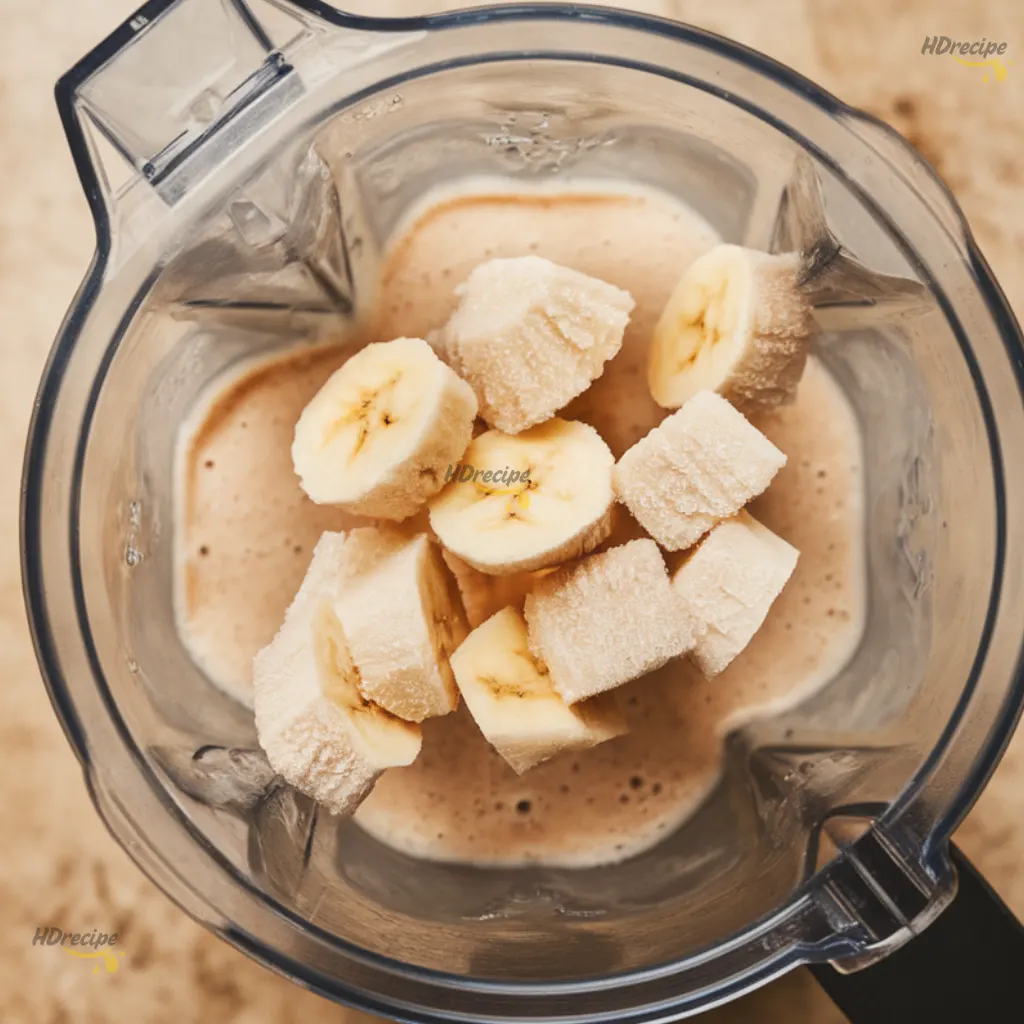 warm-smoothie-banana-add Frozen banana pieces being dropped into a blender with a warm beige smoothie base.