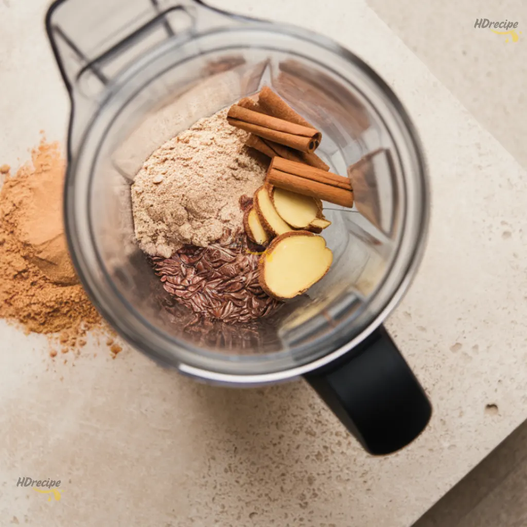 warm-smoothie-blender-dry Blender jar with protein powder, almond butter, and spices on a beige stone counter, ready to blend.