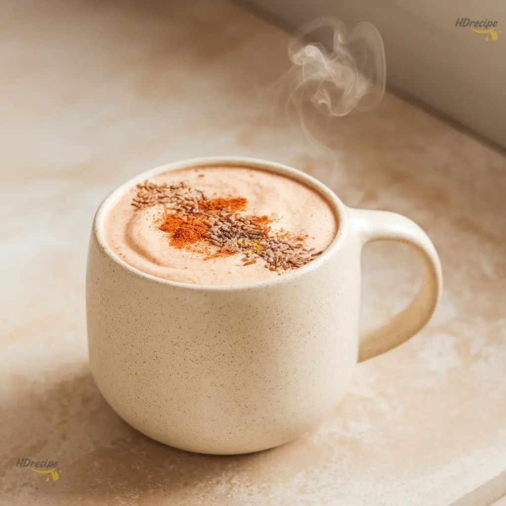 warm-smoothie-cozy-sip Hand holding a warm beige smoothie in a ceramic mug with cinnamon sprinkled on top, steam rising.