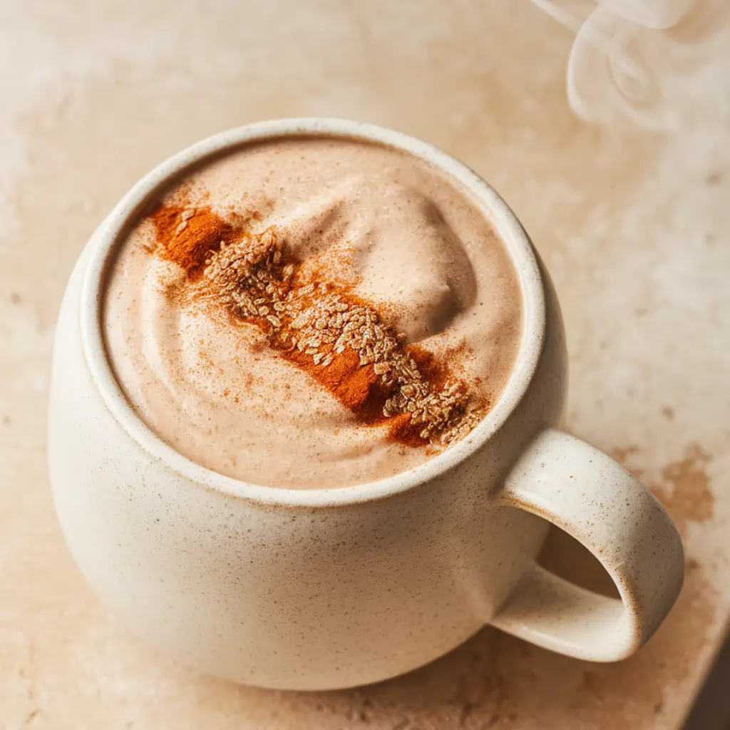 A close-up of a thick, creamy beige warm smoothie topped with cinnamon in a ceramic mug, with steam rising and ingredients nearby.