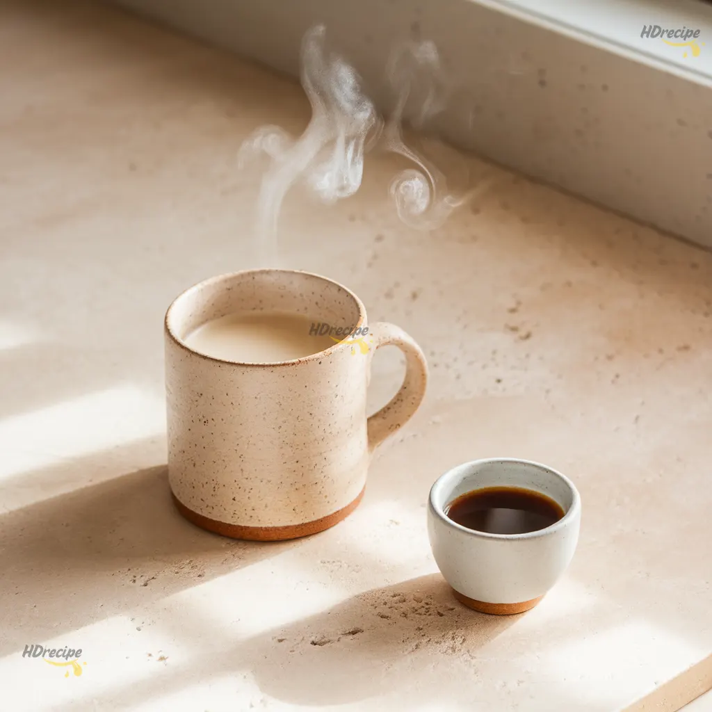 warm-smoothie-heating-milk Steaming almond milk in a ceramic mug next to a small cup of hot coffee on a beige stone counter.