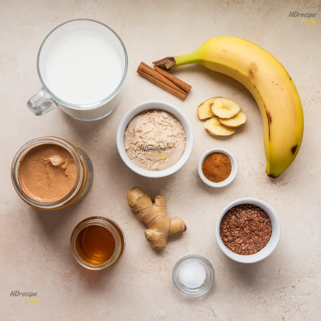 warm-smoothie-ingredients warm smoothie for weight loss ingredients on a beige counter: almond milk, protein powder, frozen banana, almond butter, and spices.