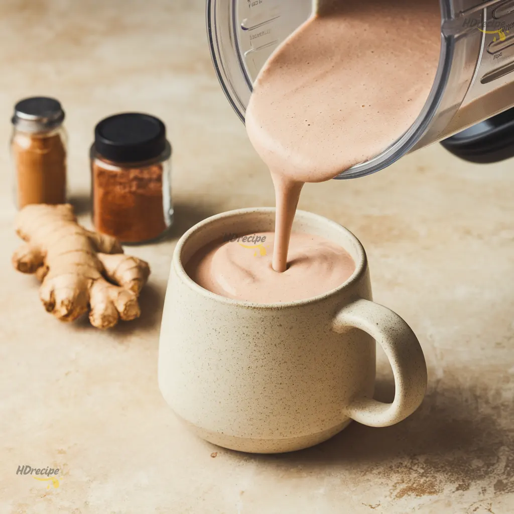 warm-smoothie-pour A warm beige smoothie being poured from a blender into a ceramic mug on a beige stone counter.
