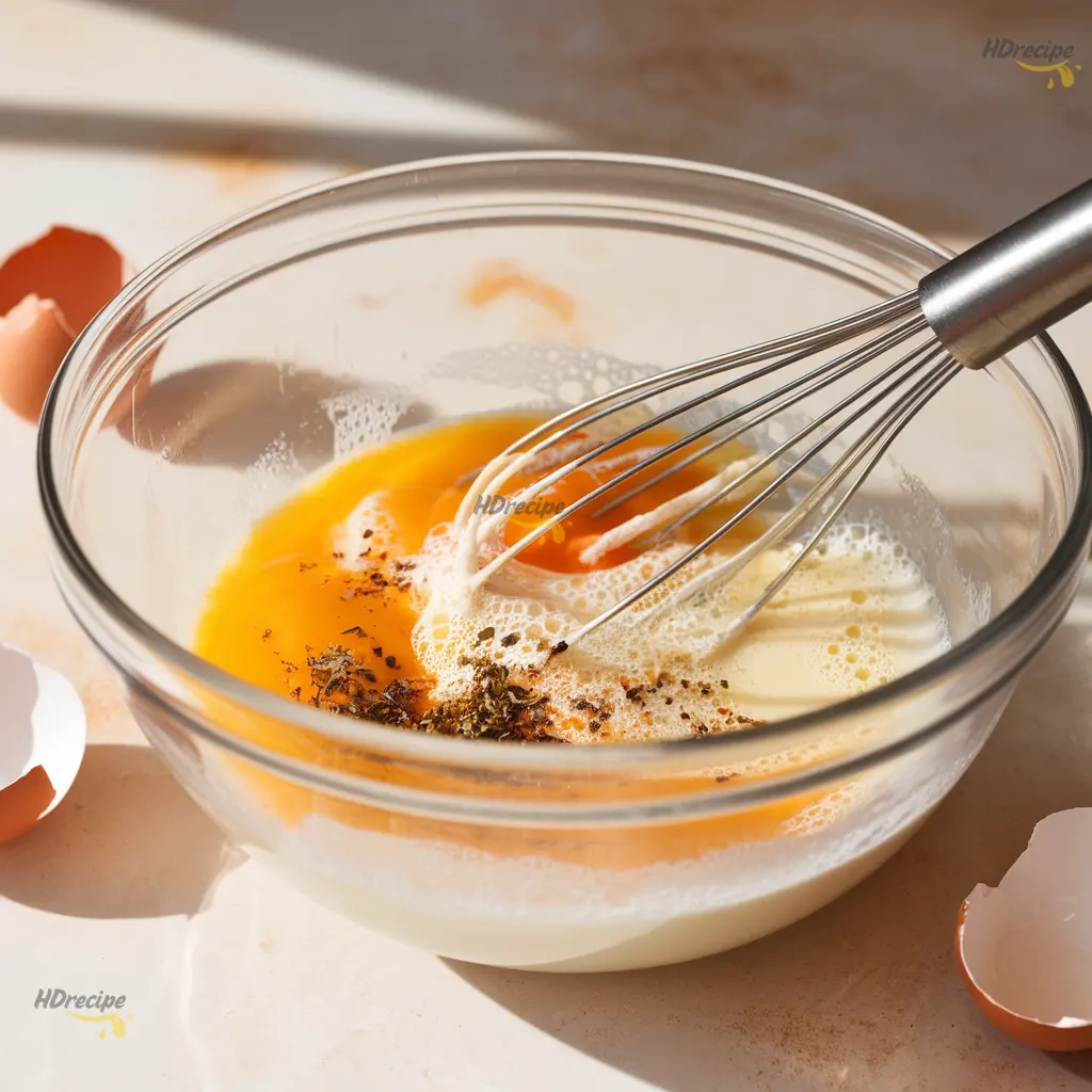 whisking-egg-mixture Smooth whisked egg mixture with milk and herbs in a glass bowl — prepping base for spinach feta egg muffins, healthy breakfast recipe.