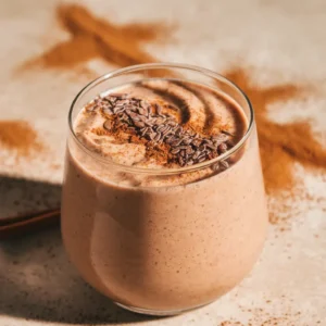 Top-down view of a thick creamy winter smoothie with cinnamon and flaxseed on a light beige countertop, cozy and high-protein breakfast idea.