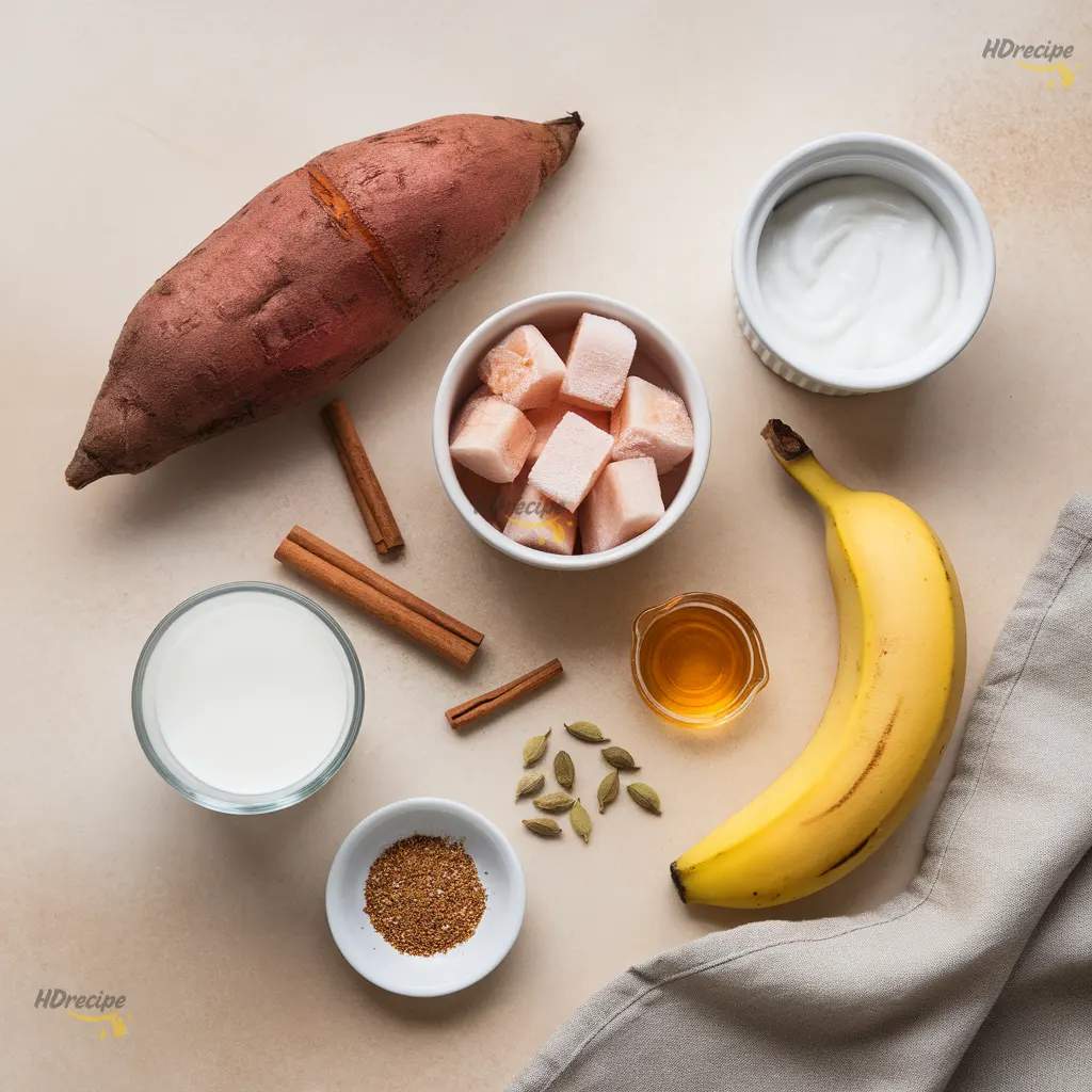 winter-smoothie-ingredients-flatlay Flat lay of winter smoothie for weight loss ingredients including roasted sweet potato, pear, banana, Greek yogurt, almond milk, and warm chai spices on a light beige surface.