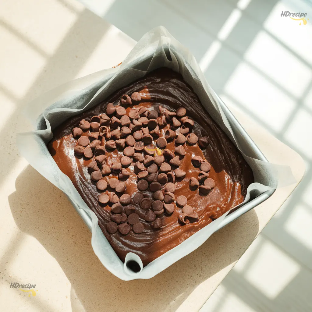 zucchini-brownies-batter-pan Unbaked gluten-free zucchini brownie batter spread in a parchment-lined pan with chocolate chips sprinkled on top.