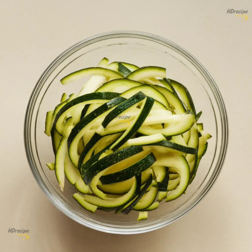 zucchini-brownies-ingredients (1) Freshly grated zucchini prepared in a glass bowl on a beige kitchen counter, ready to be used in gluten-free brownies.